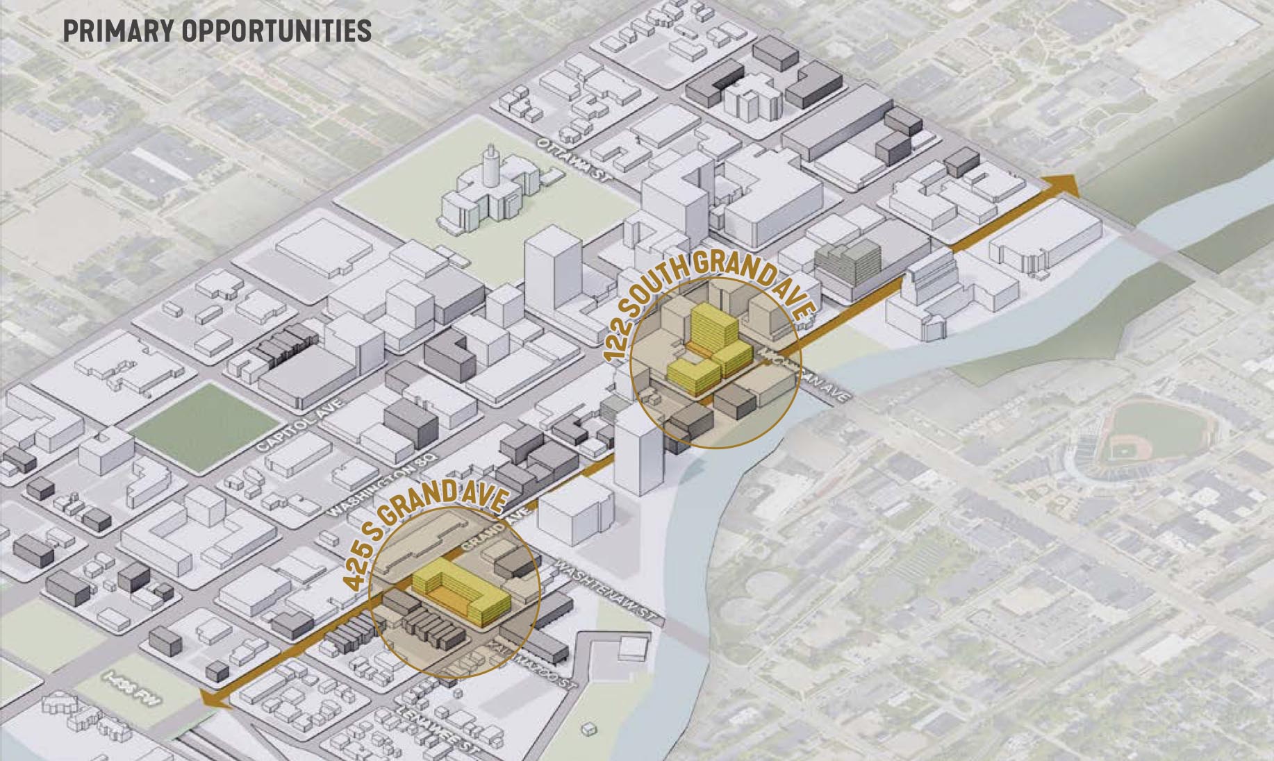 Map showing where primary development opportunities exist on Grand Ave